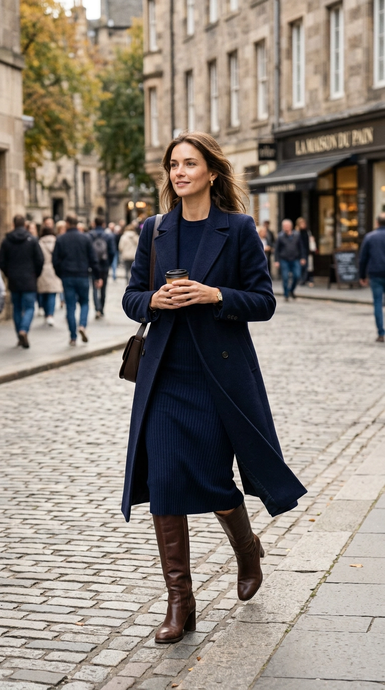 A full-length shot of a woman in a midi-length navy wool coat over a matching knit skirt that ends exactly at the same length, paired with tall leather boots, photorealistic luxury editorial fashion street style, shot on 35mm lens, highly detailed, ultra-realistic, soft natural lighting, editorial aesthetic, no text --ar 9:16