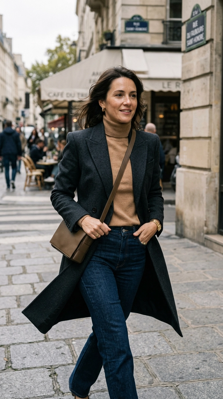 Mid-shot of a woman wearing a structured tailored coat with slim sleeves over a fine-gauge cashmere turtleneck, effortless movement, photorealistic luxury editorial fashion street style, shot on 35mm lens, highly detailed, ultra-realistic, soft natural lighting, editorial aesthetic, no text --ar 9:16