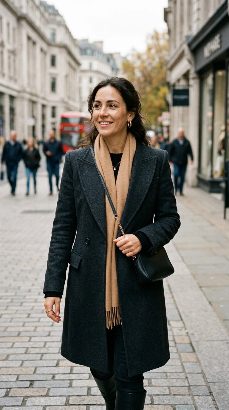 A portrait of a woman wearing a coat with a sharp lapel and a neatly tucked cashmere scarf that complements the neckline, photorealistic luxury editorial fashion street style, shot on 35mm lens, highly detailed, ultra-realistic, soft natural lighting, editorial aesthetic, no text --ar 9:16