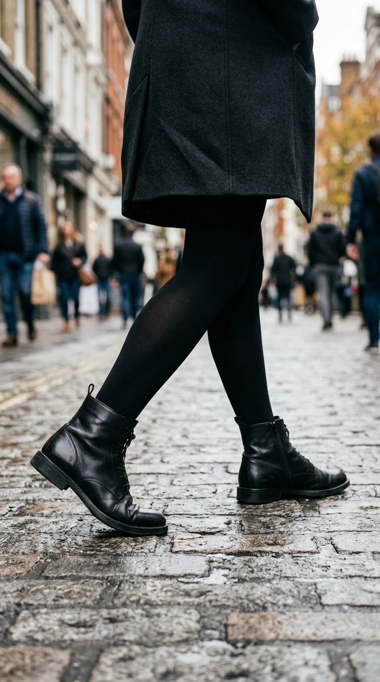 A low-angle shot of a woman's legs walking in black leather ankle boots and opaque black tights that seamlessly meet the hem of her coat, photorealistic luxury editorial fashion street style, shot on 35mm lens, highly detailed, ultra-realistic, soft natural lighting, editorial aesthetic, no text --ar 9:16