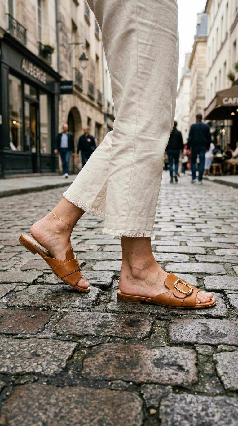 photorealistic luxury editorial fashion street style, shot on 35mm lens, a woman's feet wearing elegant tan leather slides with gold buckle detail walking on a cobblestone street, highly detailed, ultra-realistic, soft natural lighting, editorial aesthetic, no text --ar 9:16