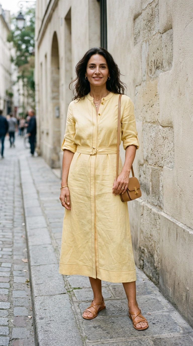 photorealistic luxury editorial fashion street style, shot on 35mm lens, a woman wearing a sophisticated butter-yellow linen dress with gold accents, standing against a neutral stone wall, highly detailed, ultra-realistic, soft natural lighting, editorial aesthetic, no text --ar 9:16