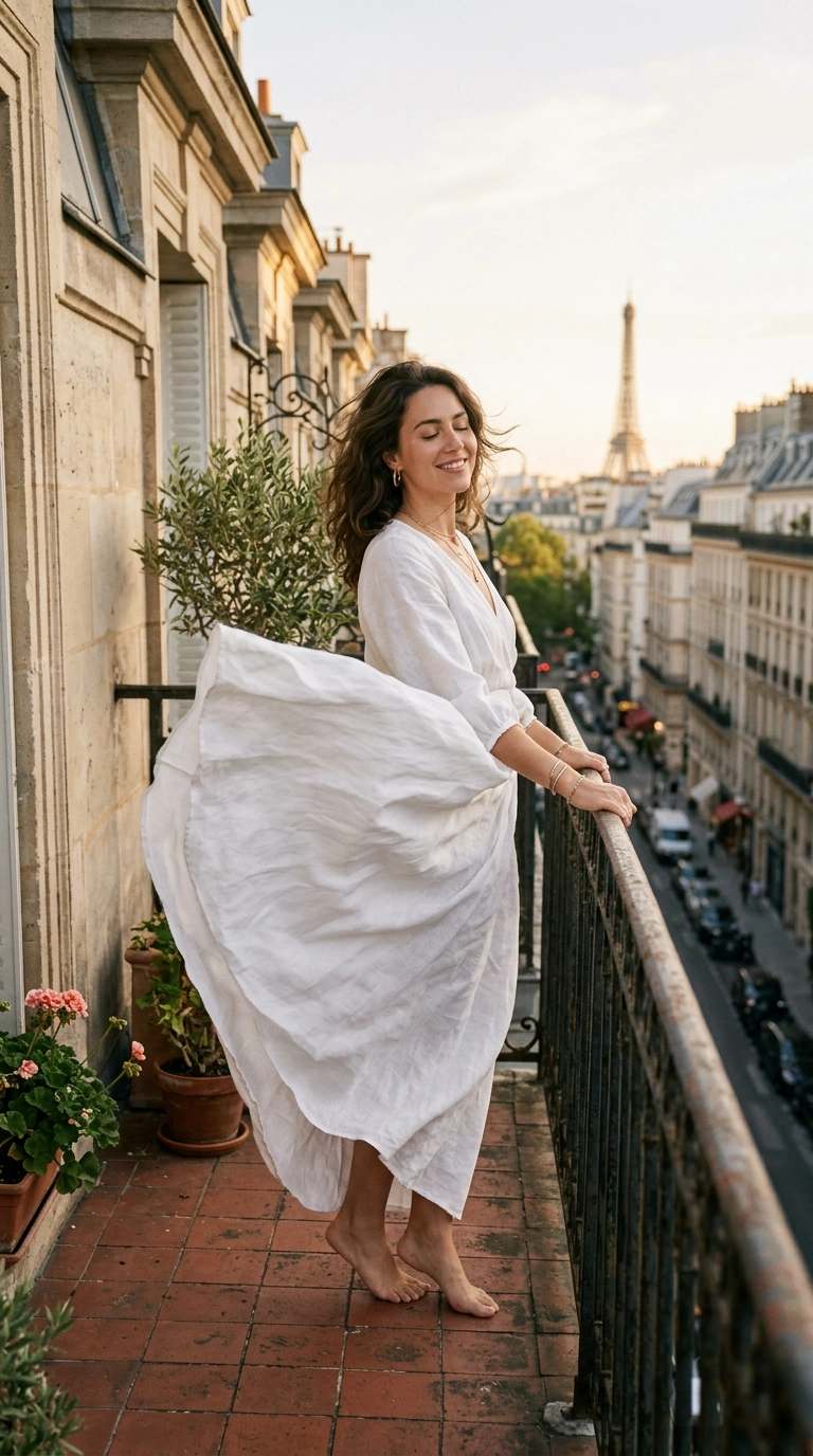 photorealistic luxury editorial fashion street style, shot on 35mm lens, a woman in a flowing white linen maxi dress catching the breeze on a balcony, highly detailed, ultra-realistic, soft natural lighting, editorial aesthetic, no text --ar 9:16
