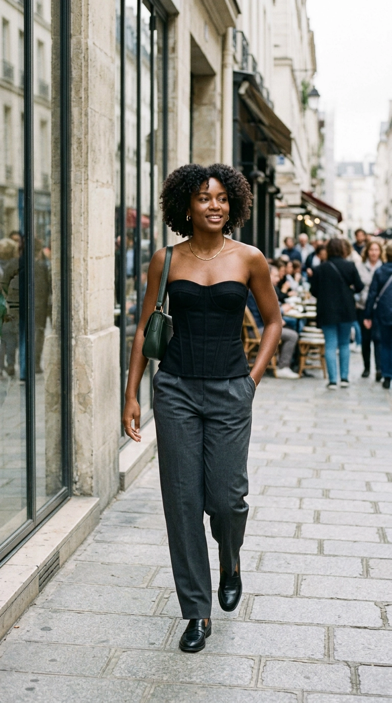 photorealistic luxury editorial fashion street style, shot on 35mm lens, a woman wearing a perfectly tailored strapless bodice top with internal structure, looking confident and comfortable, highly detailed, ultra-realistic, soft natural lighting, editorial aesthetic, no text --ar 9:16