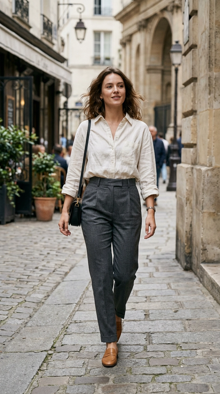 photorealistic luxury editorial fashion street style, shot on 35mm lens, a woman wearing an oversized linen button-down shirt half-tucked into tailored high-waisted trousers, highly detailed, ultra-realistic, soft natural lighting, editorial aesthetic, no text --ar 9:16