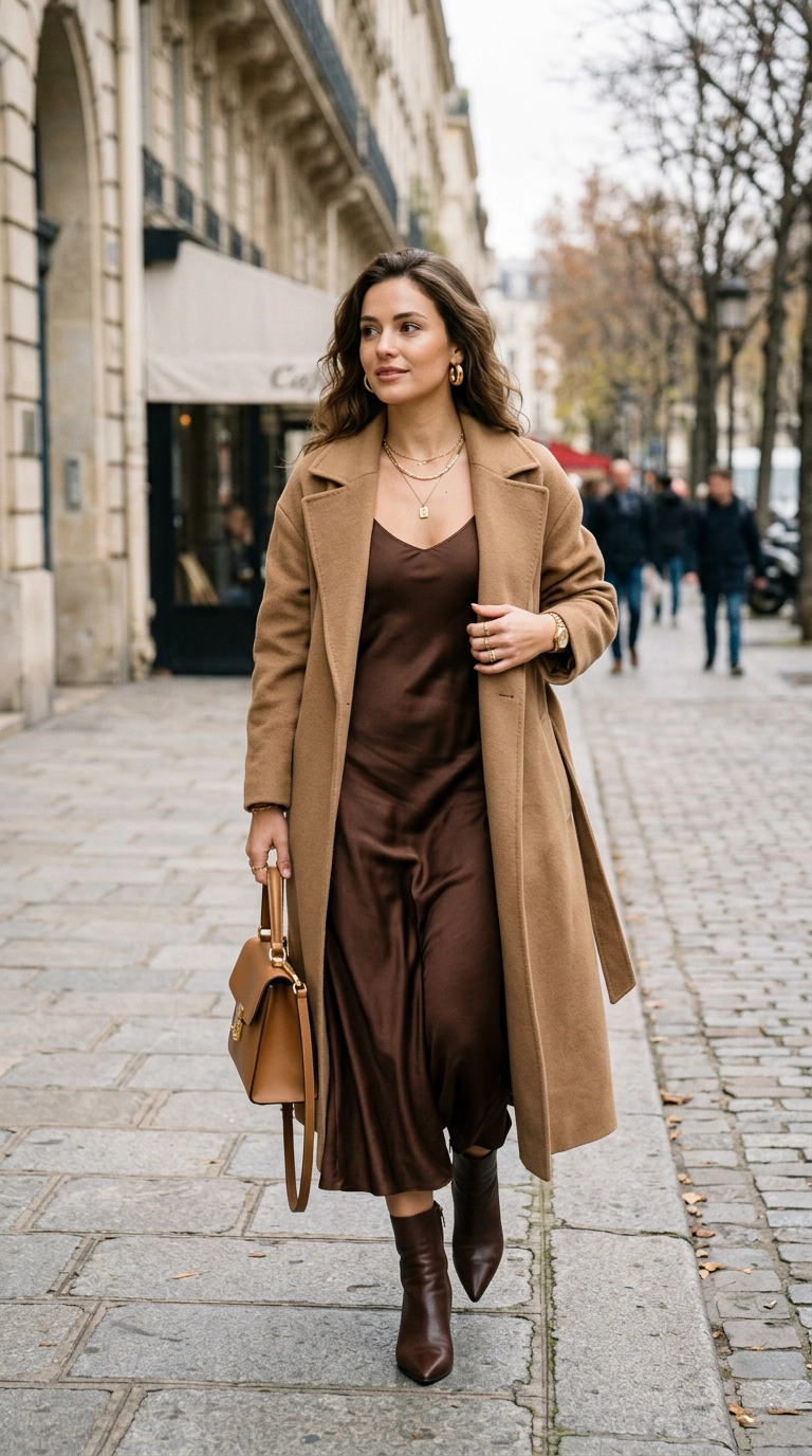 Photorealistic luxury editorial fashion street style, shot on 35mm lens, a woman wearing a vibrant chocolate brown silk dress with a camel wool coat, gold jewelry, sophisticated color palette, highly detailed, ultra-realistic, soft natural lighting, editorial aesthetic, no text or typography --ar 9:16