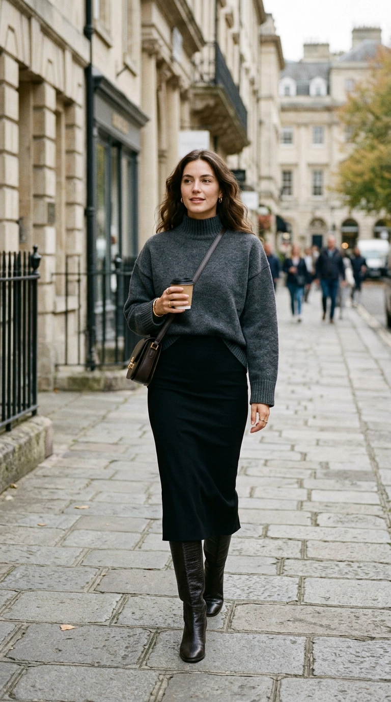 Photorealistic luxury editorial fashion street style, shot on 35mm lens, a woman wearing a structured oversized grey sweater tucked into a slim black midi skirt, knee-high boots, balanced silhouette, highly detailed, ultra-realistic, soft natural lighting, editorial aesthetic, no text or typography --ar 9:16