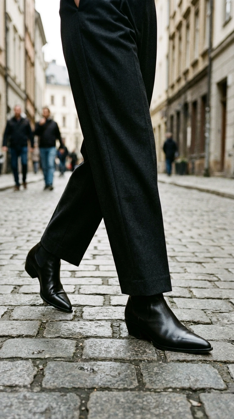 Photorealistic luxury editorial fashion street style, shot on 35mm lens, close up of pointed-toe leather boots peeking out from under pleated trousers, walking on a cobblestone street, highly detailed, ultra-realistic, soft natural lighting, editorial aesthetic, no text or typography --ar 9:16