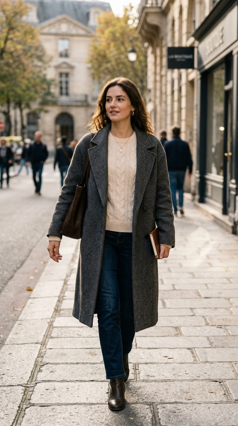 Photorealistic luxury editorial fashion street style, shot on 35mm lens, detailed texture of a high-quality cashmere sweater and a wool coat, soft sunlight hitting the fabric, highly detailed, ultra-realistic, soft natural lighting, editorial aesthetic, no text or typography --ar 9:16