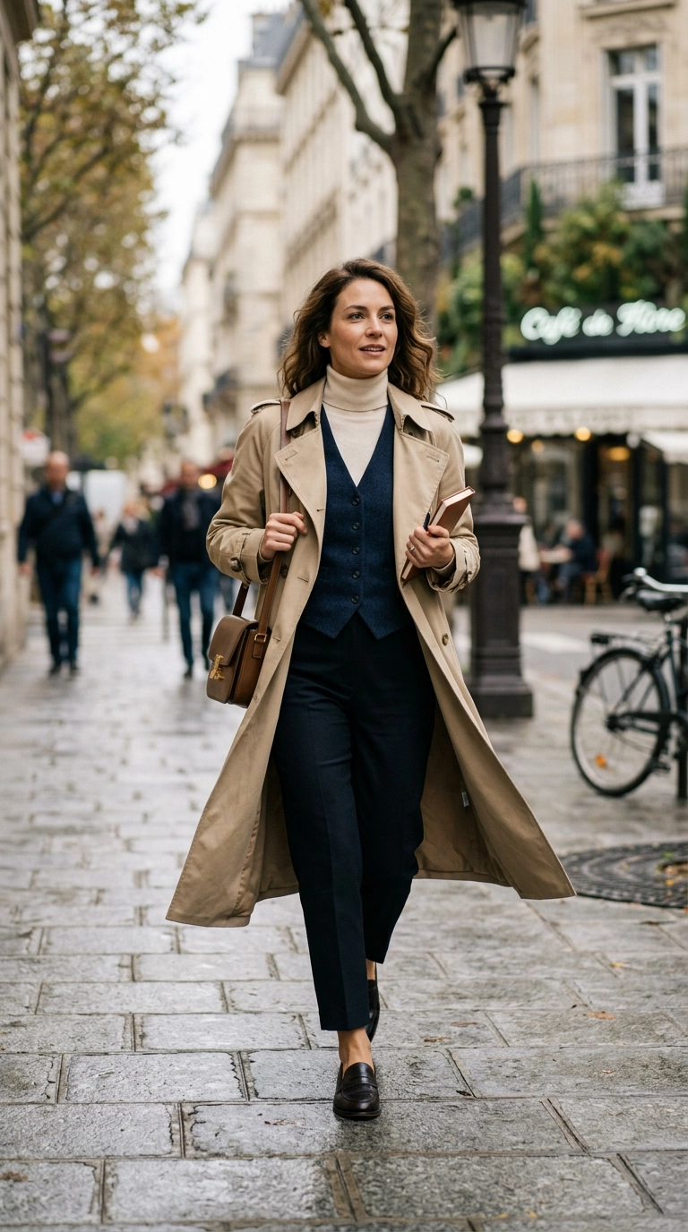 Photorealistic luxury editorial fashion street style, shot on 35mm lens, a woman wearing a thin turtleneck under a tailored vest and an open trench coat, layering perfection, highly detailed, ultra-realistic, soft natural lighting, editorial aesthetic, no text or typography --ar 9:16