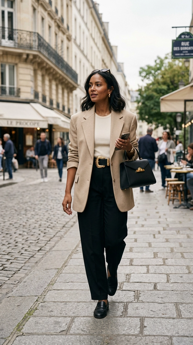Photorealistic luxury editorial fashion street style, shot on 35mm lens, a woman in a neutral outfit featuring a statement gold buckle belt and a structured leather handbag, highly detailed, ultra-realistic, soft natural lighting, editorial aesthetic, no text or typography --ar 9:16