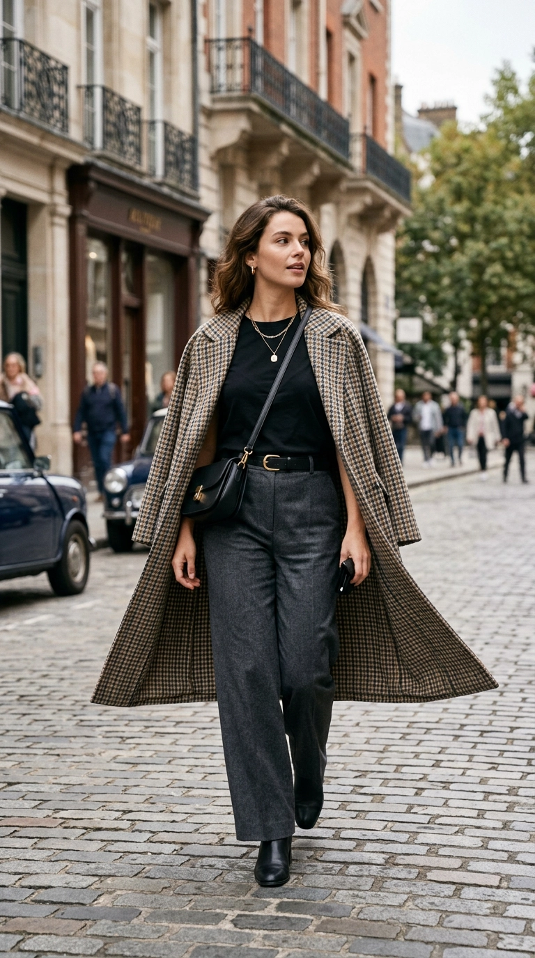 Photorealistic luxury editorial fashion street style, shot on 35mm lens, a woman wearing trousers and a tee with a long checked duster coat thrown over her shoulders, highly detailed, ultra-realistic, soft natural lighting, editorial aesthetic, no text or typography --ar 9:16