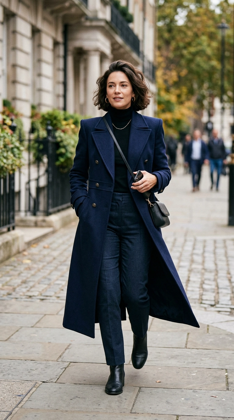 Photorealistic luxury editorial fashion street style, shot on 35mm lens, a woman in a perfectly tailored long navy wool coat, shoulders sharp, mid-stride, highly detailed, ultra-realistic, soft natural lighting, editorial aesthetic, no text or typography --ar 9:16