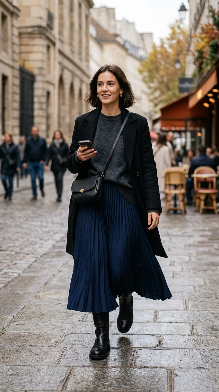A street style shot of a woman wearing a navy pleated midi skirt and black leather boots that disappear under the hem, creating a seamless line, photorealistic luxury editorial fashion street style, shot on 35mm lens, highly detailed, ultra-realistic, soft natural lighting, editorial aesthetic, no text --ar 9:16