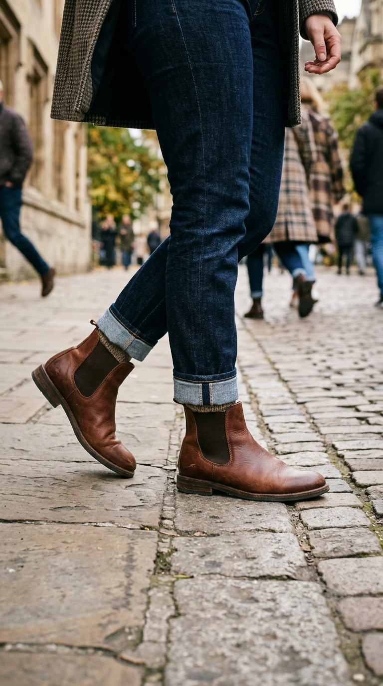 Close up of a woman's feet wearing dark denim jeans neatly cuffed just above the top of sleek brown leather boots, photorealistic luxury editorial fashion street style, shot on 35mm lens, highly detailed, ultra-realistic, soft natural lighting, editorial aesthetic, no text --ar 9:16