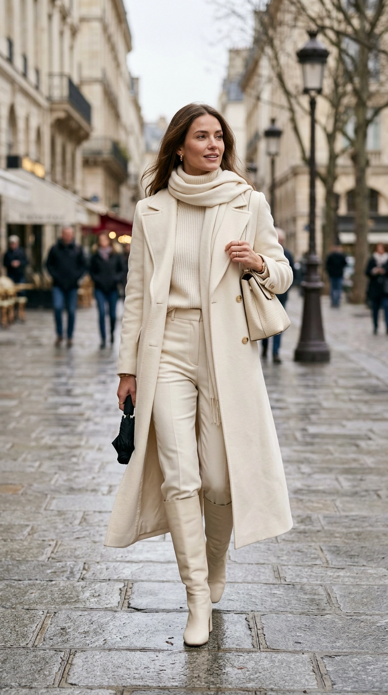 A woman wearing an all-cream winter outfit with matching cream boots and a long wool coat, looking tall and elegant, photorealistic luxury editorial fashion street style, shot on 35mm lens, highly detailed, ultra-realistic, soft natural lighting, editorial aesthetic, no text --ar 9:16
