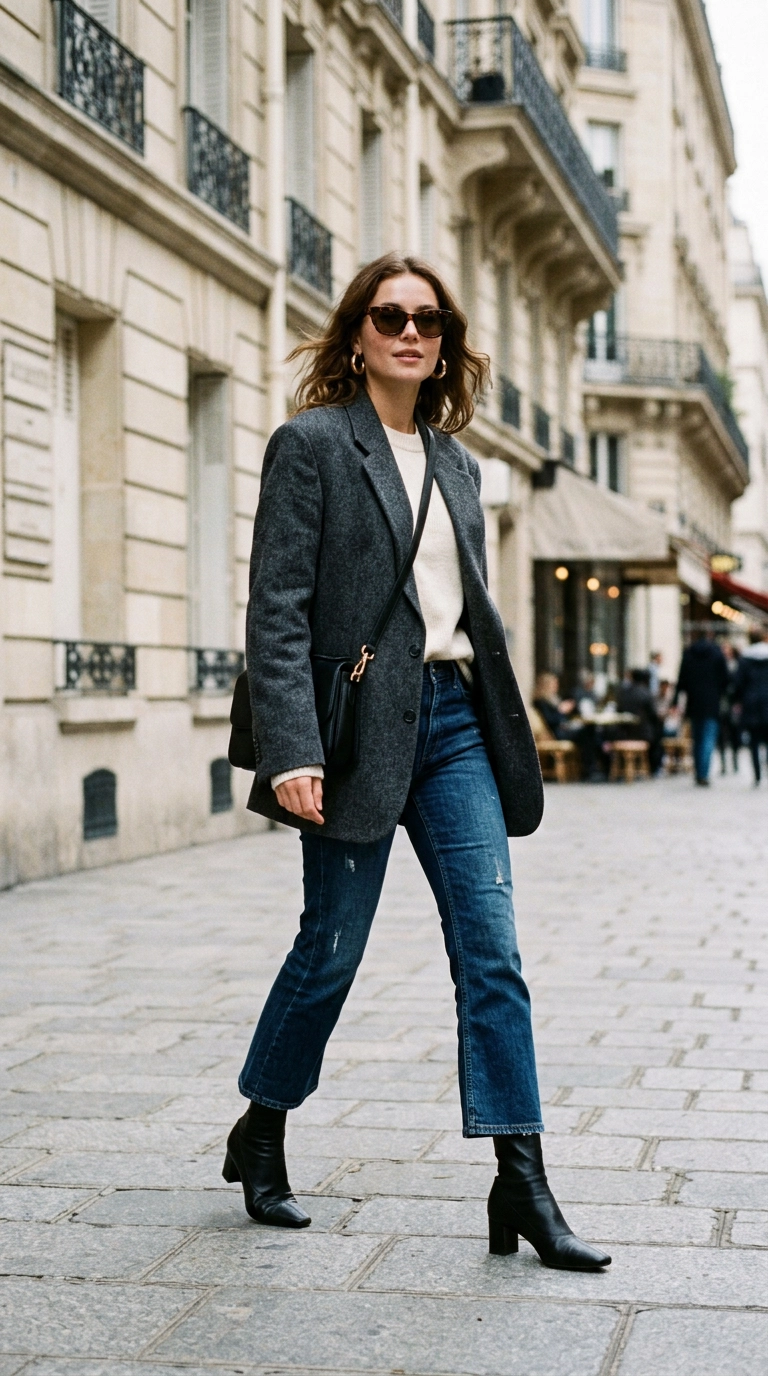 A stylish woman wearing cropped flared jeans and tight-fitting sock boots that disappear under the flare, photorealistic luxury editorial fashion street style, shot on 35mm lens, highly detailed, ultra-realistic, soft natural lighting, editorial aesthetic, no text --ar 9:16