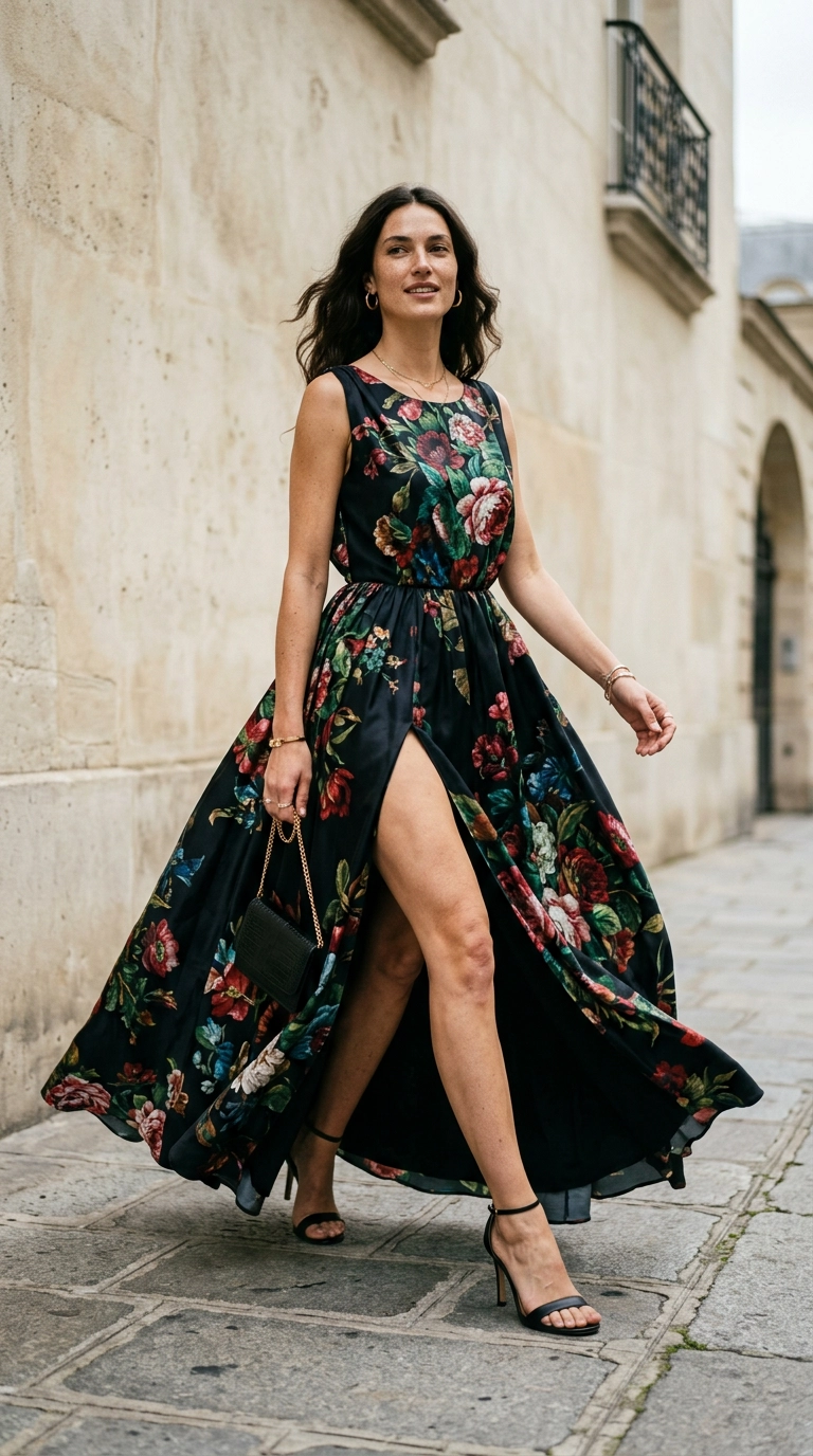 A full-body shot of a model wearing a large-scale, dark-ground floral silk gown with a high slit, standing against a minimalist limestone wall, photorealistic luxury editorial fashion street style, shot on 35mm lens, highly detailed, ultra-realistic, soft natural lighting, editorial aesthetic, no text, --ar 9:16