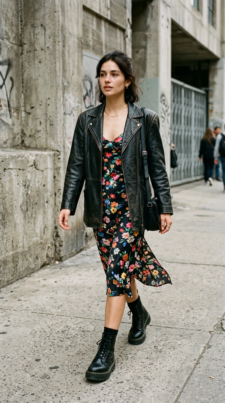 A model wearing a floral slip dress layered under a structured black leather blazer with chunky boots, urban setting with concrete background, photorealistic luxury editorial fashion street style, shot on 35mm lens, highly detailed, ultra-realistic, soft natural lighting, editorial aesthetic, no text, --ar 9:16