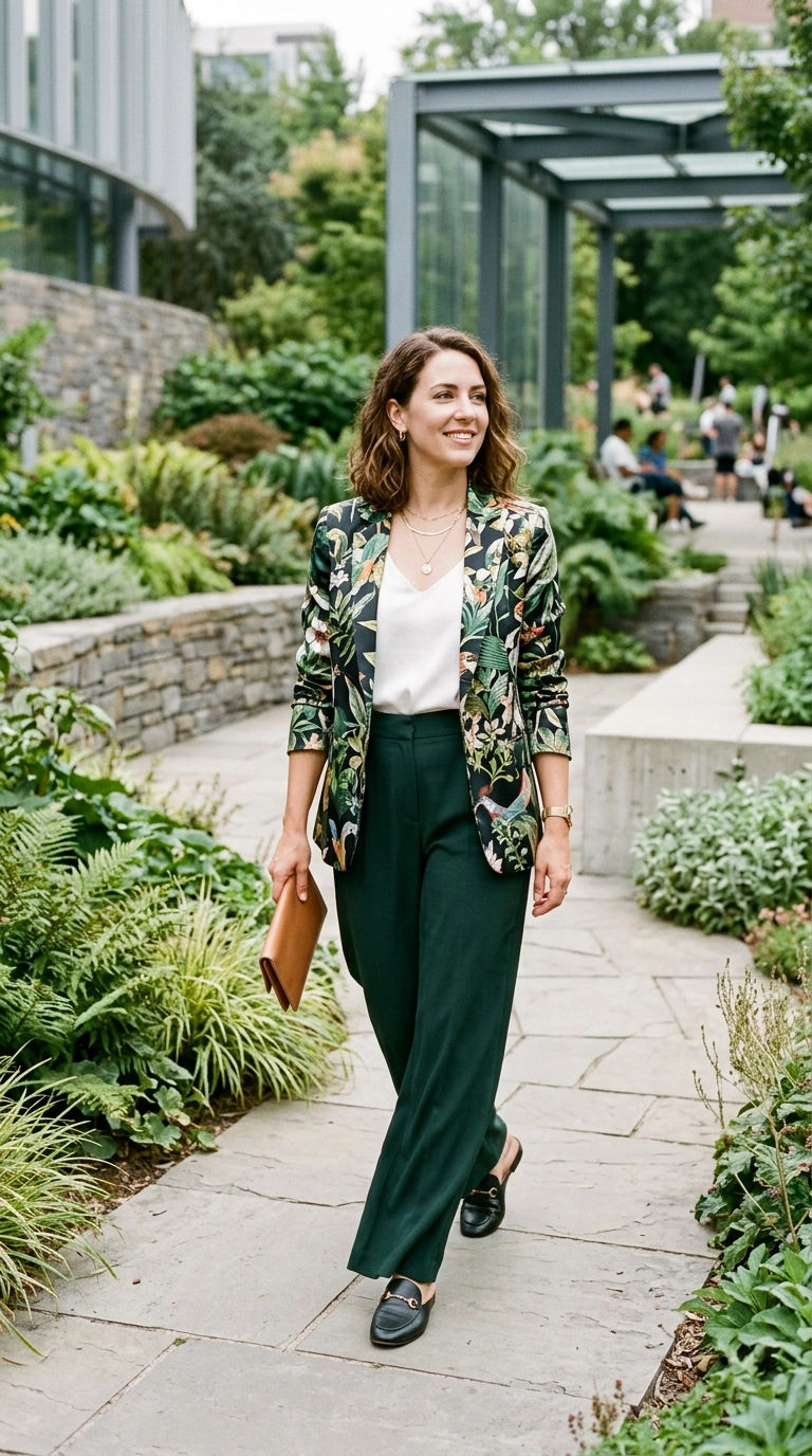 A chic woman in a botanical print silk blazer paired with solid wide-leg trousers and a minimalist clutch, walking through a modern garden, photorealistic luxury editorial fashion street style, shot on 35mm lens, highly detailed, ultra-realistic, soft natural lighting, editorial aesthetic, no text, --ar 9:16