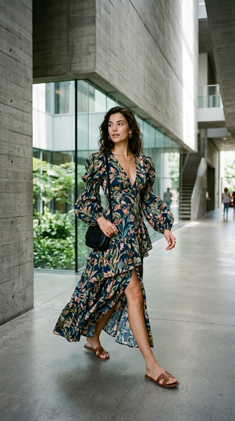 A woman wearing an asymmetrical floral maxi dress with a deep V-neck and sculptural sleeves, walking through a modern architectural space, photorealistic luxury editorial fashion street style, shot on 35mm lens, highly detailed, ultra-realistic, soft natural lighting, editorial aesthetic, no text, --ar 9:16