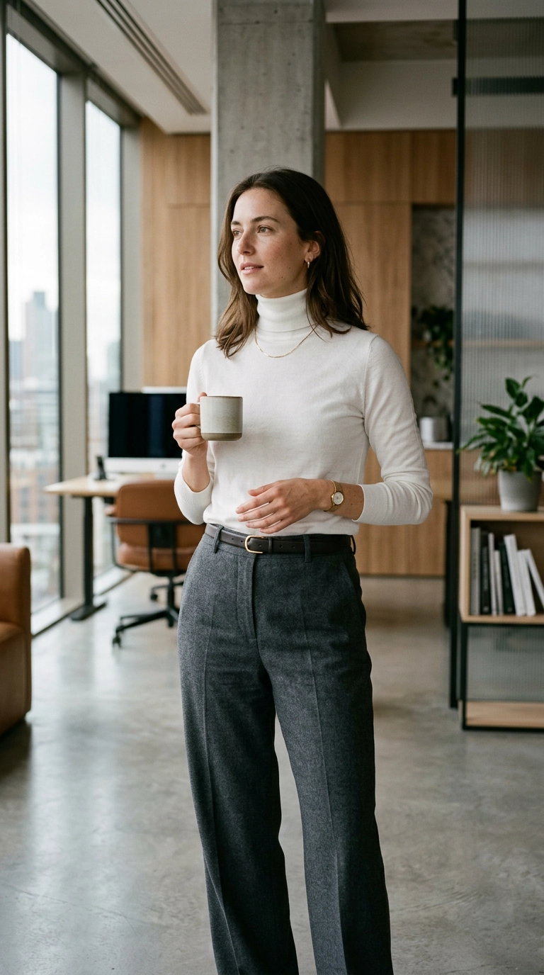 A sophisticated mid-shot of a woman wearing a fine-gauge white merino wool turtleneck tucked into high-waisted gray trousers, minimalist luxury office setting, photorealistic luxury editorial fashion street style, shot on 35mm lens, highly detailed, ultra-realistic, soft natural lighting, editorial aesthetic. No text or typography. --ar 9:16