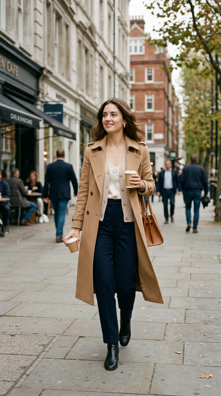 A full-body shot of a woman in an urban chic environment wearing a light cashmere cardigan over a silk camisole and a structured wool trench coat, photorealistic luxury editorial fashion street style, shot on 35mm lens, highly detailed, ultra-realistic, soft natural lighting, editorial aesthetic. No text or typography. --ar 9:16