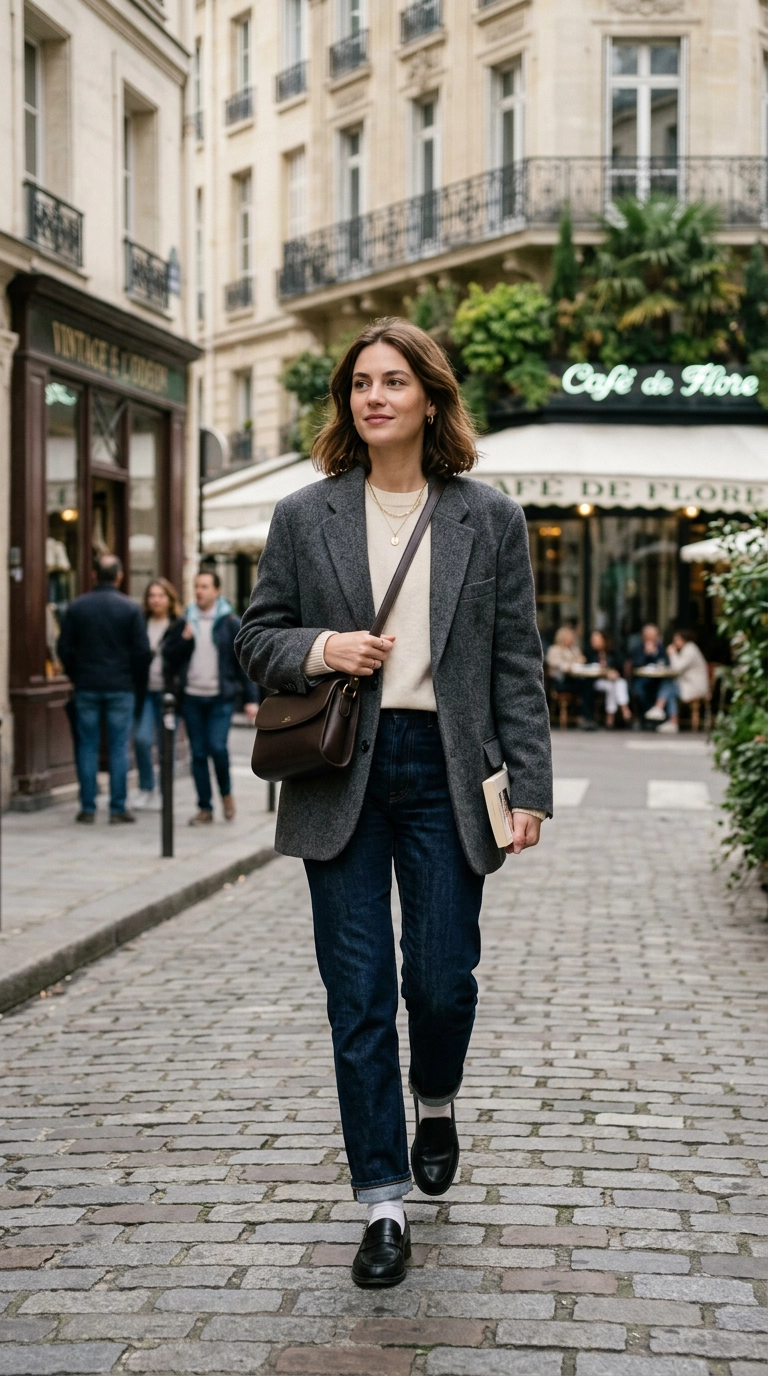 An editorial street style shot of a woman wearing an oversized charcoal wool blazer over a relaxed knit sweater, effortless Parisian vibe, photorealistic luxury editorial fashion street style, shot on 35mm lens, highly detailed, ultra-realistic, soft natural lighting, editorial aesthetic. No text or typography. --ar 9:16