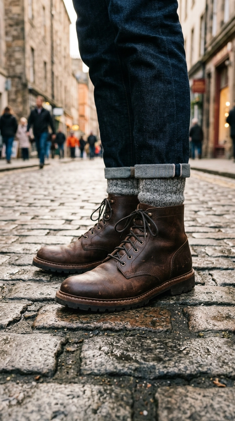 A close-up shot of designer leather boots paired with visible high-quality gray wool socks, standing on a cobblestone street, photorealistic luxury editorial fashion street style, shot on 35mm lens, highly detailed, ultra-realistic, soft natural lighting, editorial aesthetic. No text or typography. --ar 9:16