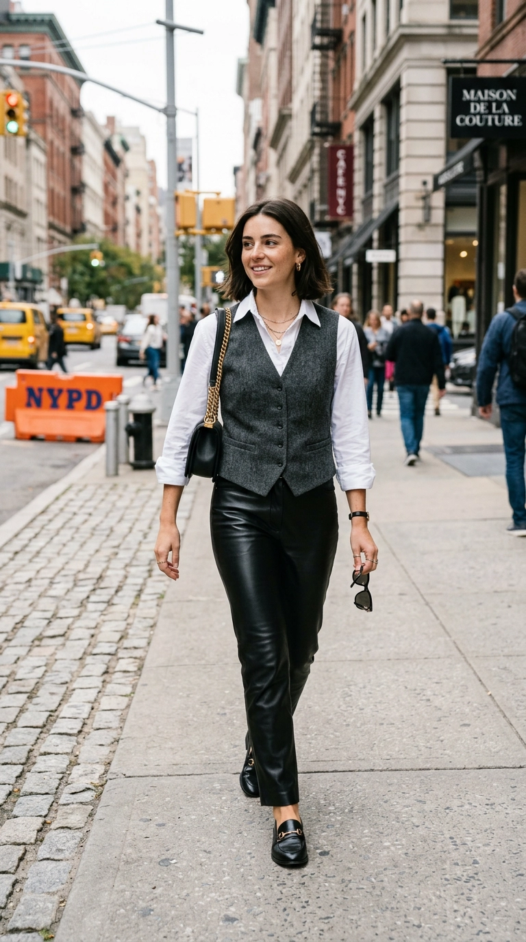 A chic woman in a New York City setting wearing a structured wool vest over a crisp button-down shirt and leather trousers, photorealistic luxury editorial fashion street style, shot on 35mm lens, highly detailed, ultra-realistic, soft natural lighting, editorial aesthetic. No text or typography. --ar 9:16