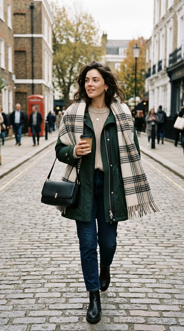 A woman wearing a luxury oversized scarf loosely draped over her shoulders with a half-zipped designer parka, photorealistic luxury editorial fashion street style, shot on 35mm lens, highly detailed, ultra-realistic, soft natural lighting, editorial aesthetic. No text or typography. --ar 9:16