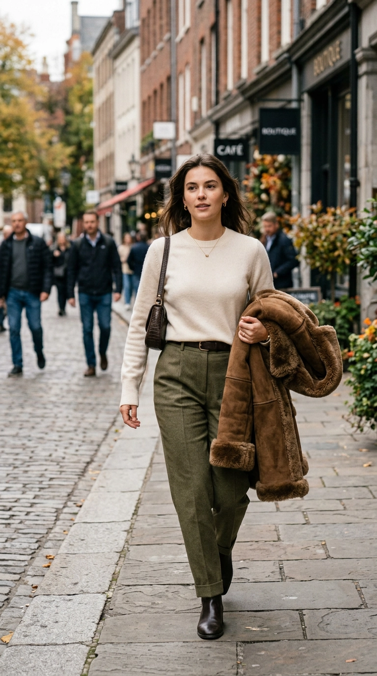 A woman in a stylish urban outfit carrying a heavy shearling coat over her arm while walking in a light cashmere sweater, photorealistic luxury editorial fashion street style, shot on 35mm lens, highly detailed, ultra-realistic, soft natural lighting, editorial aesthetic. No text or typography. --ar 9:16
