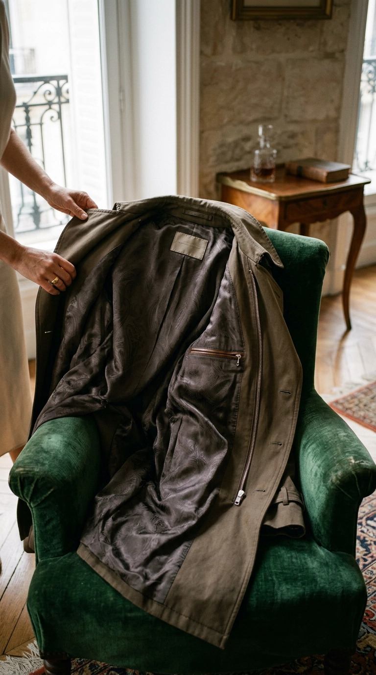 A detailed shot of the interior of a high-end trench coat showing a silk or cupro lining, draped over a velvet chair, photorealistic luxury editorial fashion street style, shot on 35mm lens, highly detailed, ultra-realistic, soft natural lighting, editorial aesthetic. No text or typography. --ar 9:16