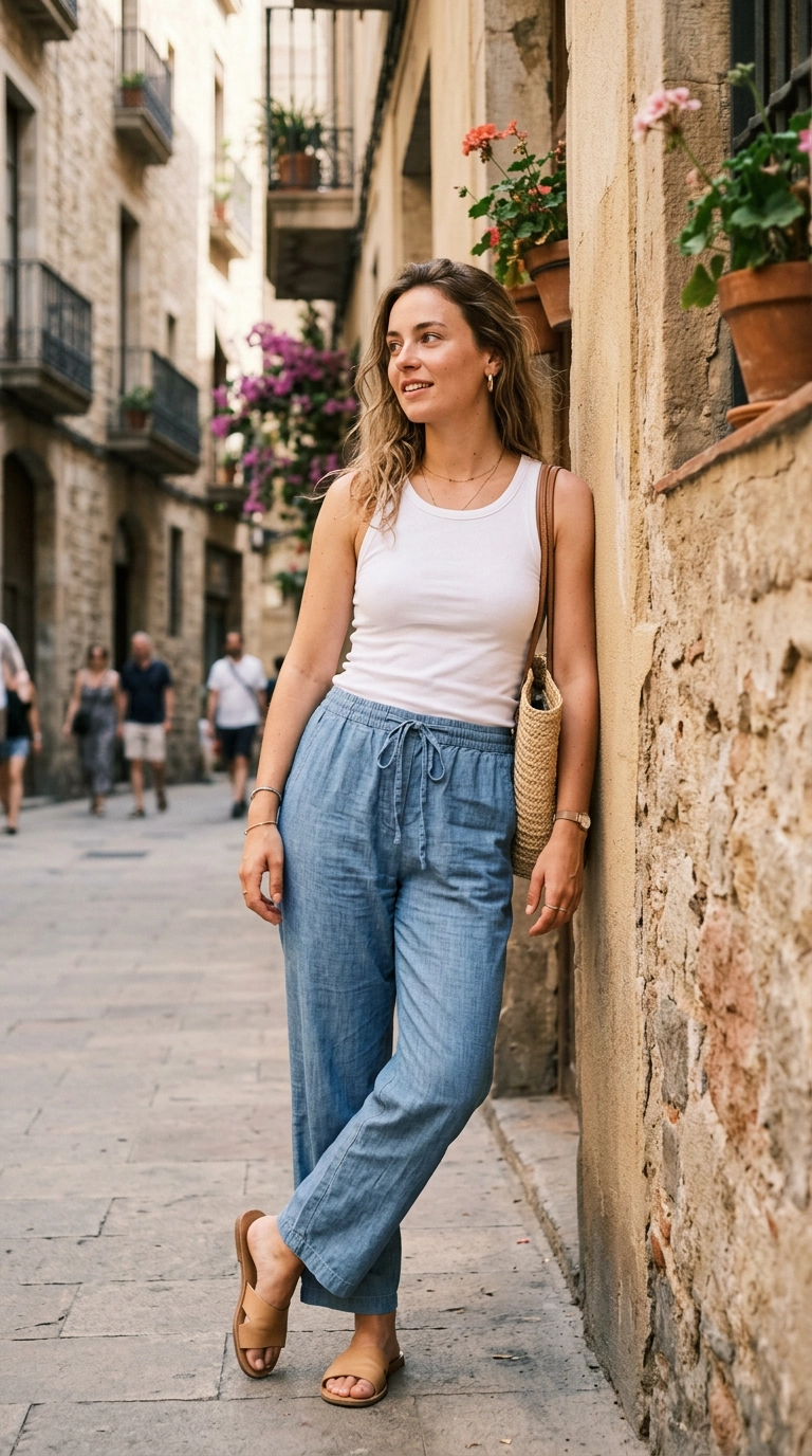 Photorealistic luxury editorial fashion street style, shot on 35mm lens, highly detailed, ultra-realistic, soft natural lighting, editorial aesthetic, a woman wearing light blue chambray drawstring trousers and a simple white tank top, lean-to against a sunny wall, full-body shot, no text, no typography, natural expressions, realistic skin texture --ar 9:16