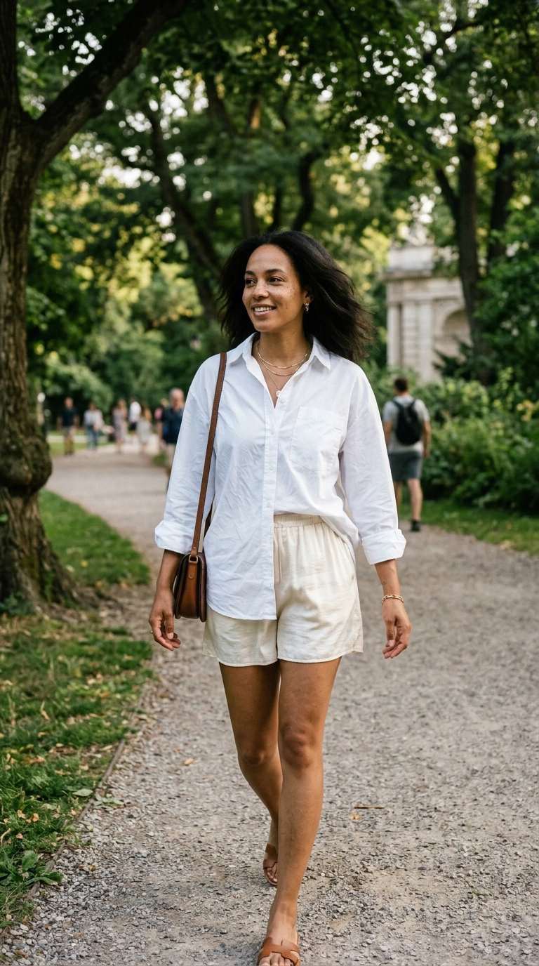 Photorealistic luxury editorial fashion street style, shot on 35mm lens, highly detailed, ultra-realistic, soft natural lighting, editorial aesthetic, a woman wearing an oversized white cotton poplin button-down shirt tucked into loose silk shorts, walking in a park, mid-shot, no text, no typography, realistic skin texture, authentic environment --ar 9:16