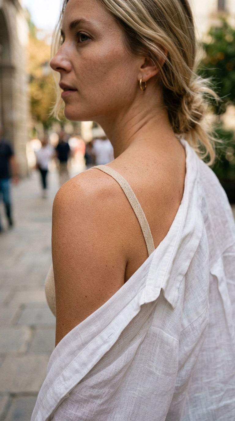 Photorealistic luxury editorial fashion street style, shot on 35mm lens, highly detailed, ultra-realistic, soft natural lighting, editorial aesthetic, a close-up detail shot of a woman's shoulder showing a thin cotton strap under a sheer linen shirt, artistic and clean, no text, no typography, realistic skin texture --ar 9:16