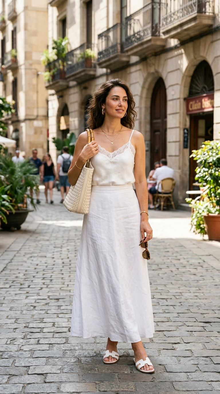 Photorealistic luxury editorial fashion street style, shot on 35mm lens, highly detailed, ultra-realistic, soft natural lighting, editorial aesthetic, a woman in an all-white monochromatic summer outfit consisting of a silk camisole and linen skirt, standing in bright sunlight, no text, no typography, realistic skin texture, natural environment --ar 9:16