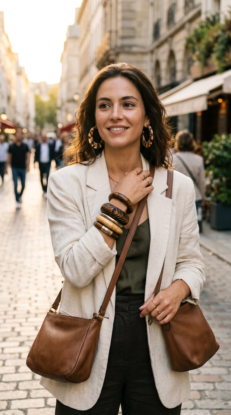 Photorealistic luxury editorial fashion street style, shot on 35mm lens, highly detailed, ultra-realistic, soft natural lighting, editorial aesthetic, a woman wearing large resin earrings and a stack of wooden bangles, golden hour lighting, portrait shot, no text, no typography, realistic skin texture, natural expressions --ar 9:16