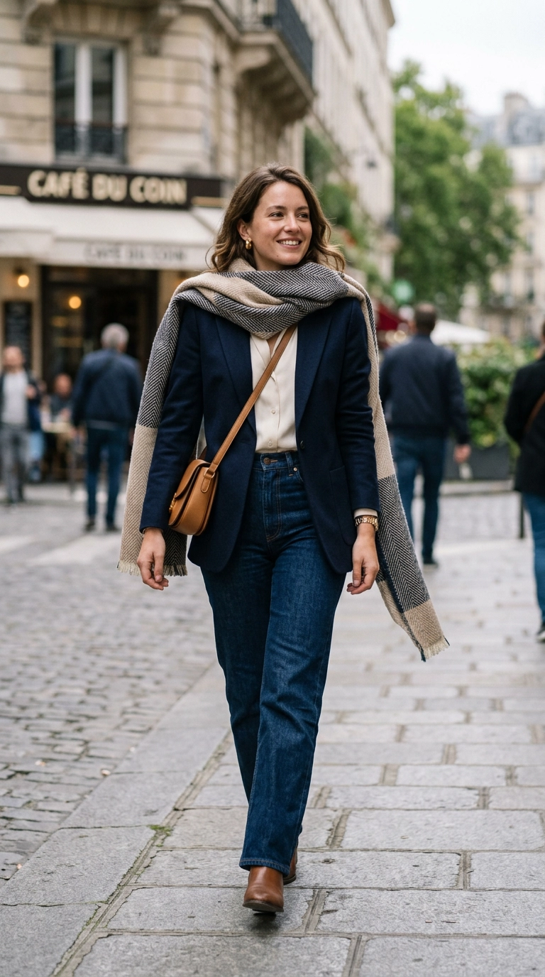 Photorealistic luxury editorial fashion street style, shot on 35mm lens, highly detailed, ultra-realistic, soft natural lighting, editorial aesthetic. A woman wearing an effortlessly draped oversized scarf with one end hanging down her back and the other over her shoulder, styled with a tailored navy blazer, street style composition, no text --ar 9:16