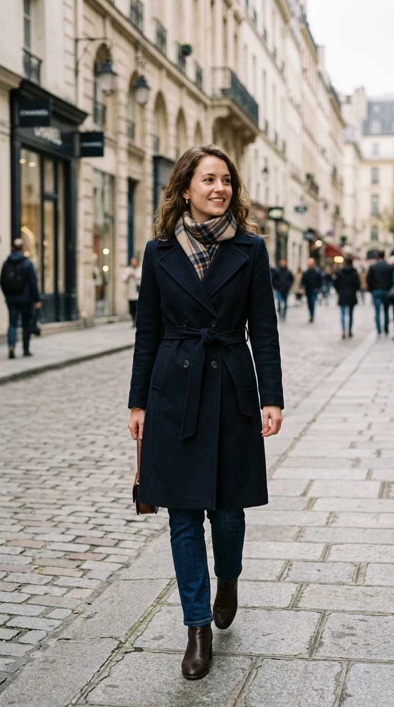 Photorealistic luxury editorial fashion street style, shot on 35mm lens, highly detailed, ultra-realistic, soft natural lighting, editorial aesthetic. A petite woman wearing a mid-sized wool scarf tucked neatly into a belted coat, showing a defined waistline and balanced silhouette, no text --ar 9:16