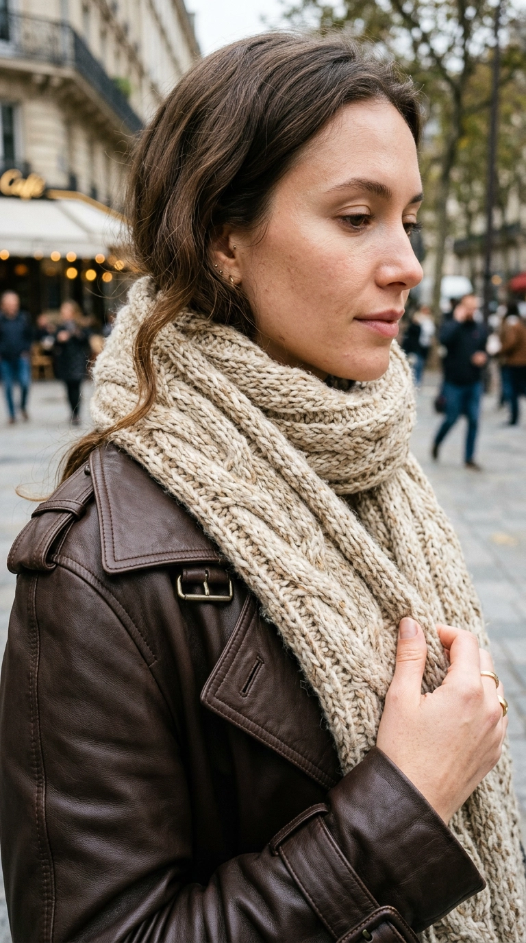 Photorealistic luxury editorial fashion street style, shot on 35mm lens, highly detailed, ultra-realistic, soft natural lighting, editorial aesthetic. Close up detail shot of a chunky knit wool scarf paired with a smooth leather trench coat, highlighting the contrast in textures, soft daylight, no text --ar 9:16