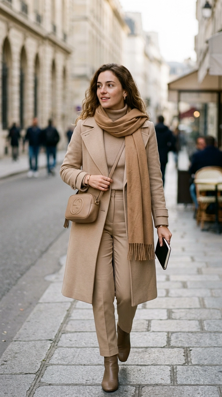 Photorealistic luxury editorial fashion street style, shot on 35mm lens, highly detailed, ultra-realistic, soft natural lighting, editorial aesthetic. A woman in a monochromatic beige outfit with a scarf in a slightly darker tan shade, tonal dressing, luxury accessories, no text --ar 9:16