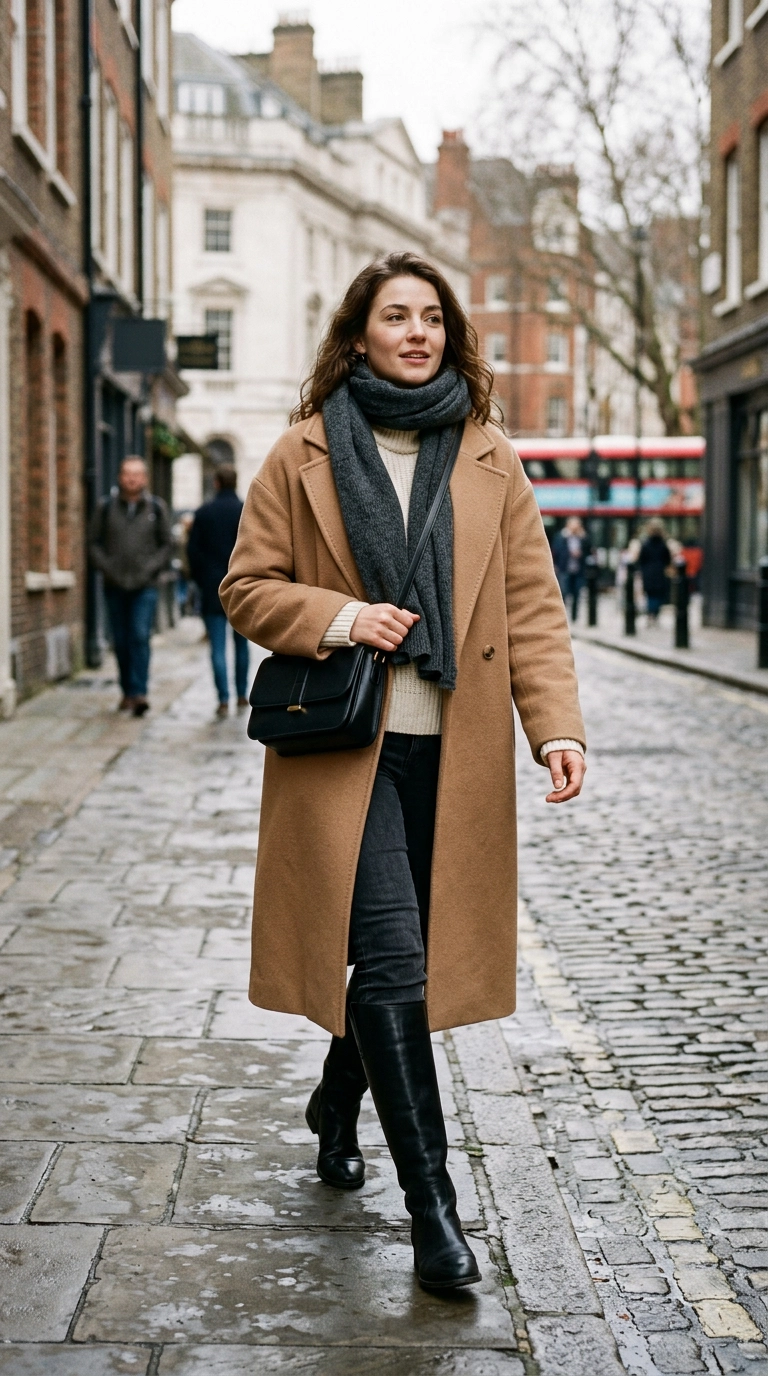 Photorealistic luxury editorial fashion street style, shot on 35mm lens, highly detailed, ultra-realistic, soft natural lighting, editorial aesthetic. Full body shot of a woman in tall leather boots and a matching leather crossbody bag, styled with a winter coat and wool scarf, no text --ar 9:16