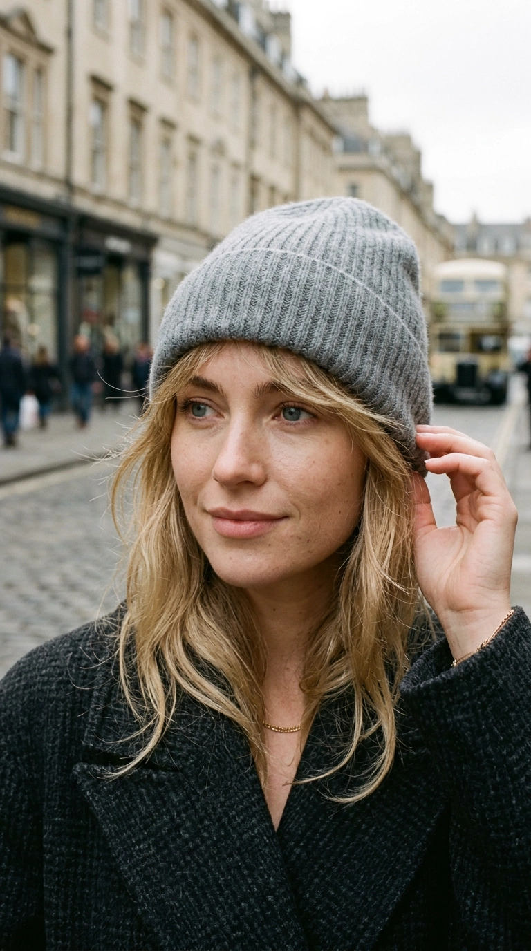 Photorealistic luxury editorial fashion street style, shot on 35mm lens, highly detailed, ultra-realistic, soft natural lighting, editorial aesthetic. Close up of a woman wearing a high-quality ribbed cashmere beanie in a soft grey, wisps of hair framing her face, soft lighting, no text --ar 9:16