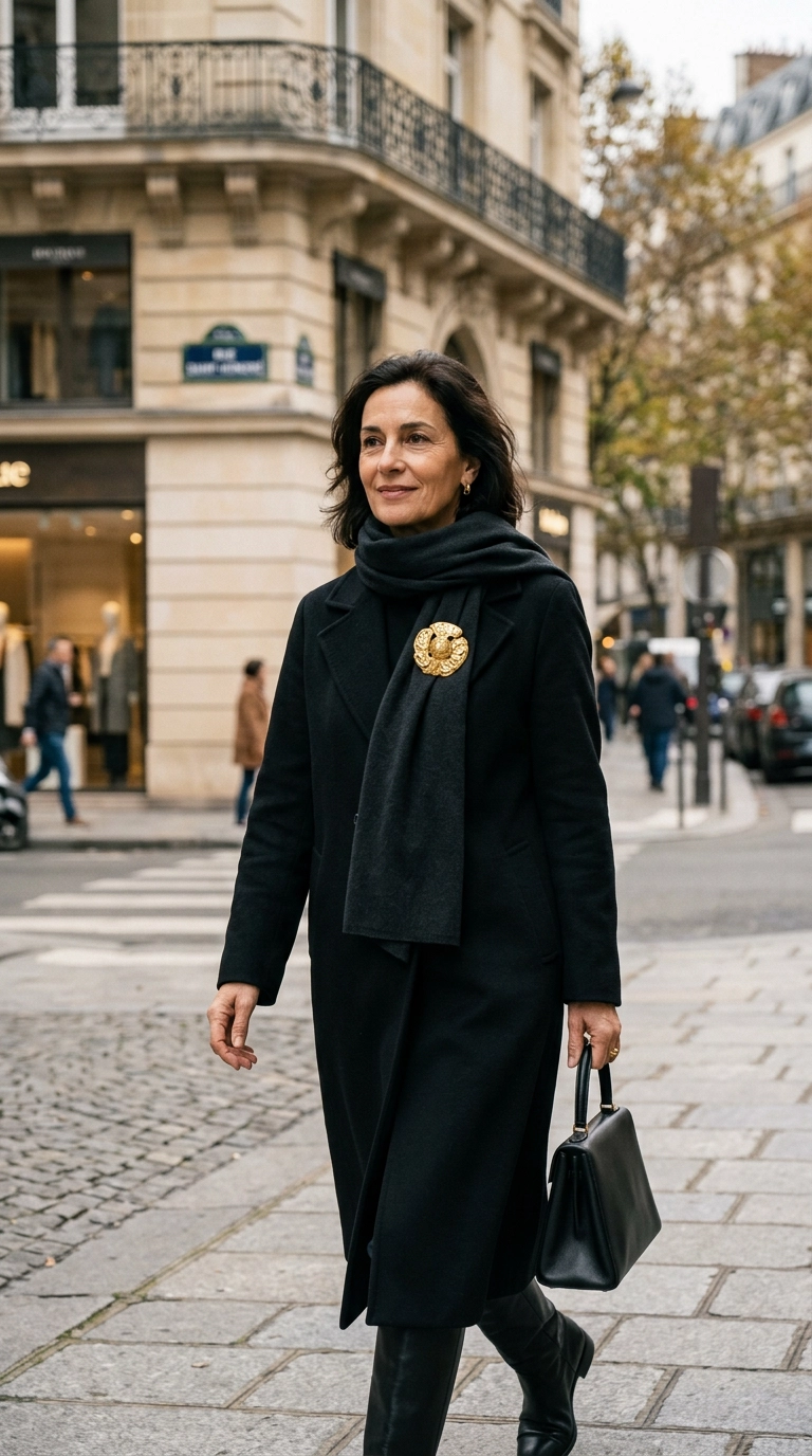 Photorealistic luxury editorial fashion street style, shot on 35mm lens, highly detailed, ultra-realistic, soft natural lighting, editorial aesthetic. A woman wearing a simple black coat with one statement accessory: a large gold brooch on her scarf, minimalist chic, no text --ar 9:16