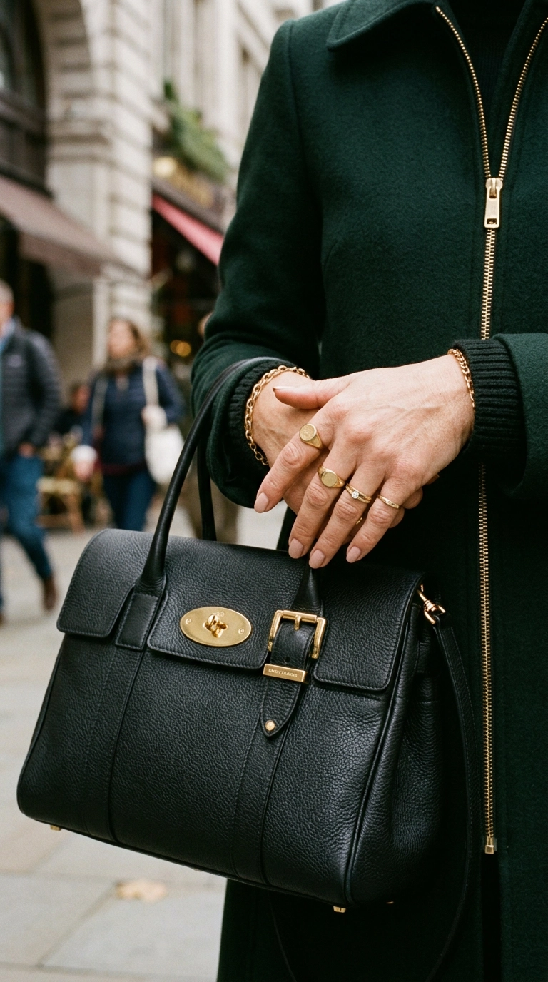 Photorealistic luxury editorial fashion street style, shot on 35mm lens, highly detailed, ultra-realistic, soft natural lighting, editorial aesthetic. Close up of a woman's hand holding a luxury handbag with gold hardware, matching her gold rings and the gold zipper on her coat, no text --ar 9:16