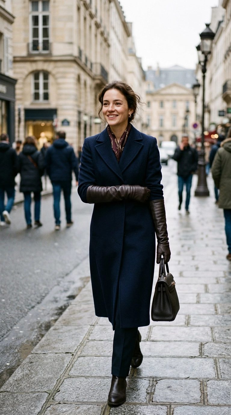 Photorealistic luxury editorial fashion street style, shot on 35mm lens, highly detailed, ultra-realistic, soft natural lighting, editorial aesthetic. A woman wearing long leather gloves that meet the sleeves of her wool coat, creating a continuous line, winter city background, no text --ar 9:16