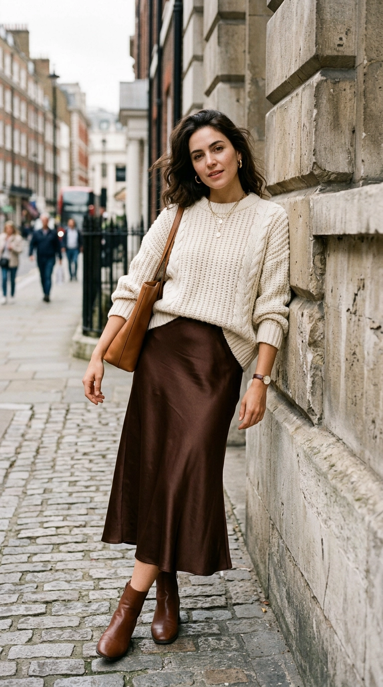 A mid-shot of a woman wearing a rich chocolate brown satin midi skirt paired with a chunky oversized cream knit sweater. She is leaning against a stone wall in London. The contrast in textures is prominent. Photorealistic luxury editorial fashion street style, shot on 35mm lens, highly detailed, ultra-realistic, soft natural lighting, editorial aesthetic. No text or typography. --ar 9:16