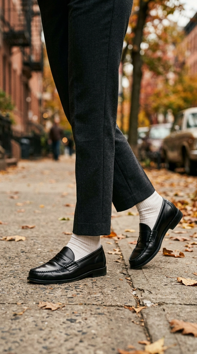 Close-up shot of a woman's feet walking on a city sidewalk. She is wearing polished black leather loafers with thin white socks and tailored trousers. The background is a blurred autumn street. Photorealistic luxury editorial fashion street style, shot on 35mm lens, highly detailed, ultra-realistic, soft natural lighting, editorial aesthetic. No text or typography. --ar 9:16