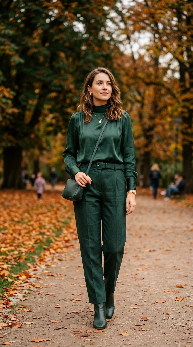A woman wearing a monochrome outfit in shades of deep forest green. She has a silk blouse and wool trousers in matching tones, standing in a park with orange leaves in the background. Photorealistic luxury editorial fashion street style, shot on 35mm lens, highly detailed, ultra-realistic, soft natural lighting, editorial aesthetic. No text or typography. --ar 9:16